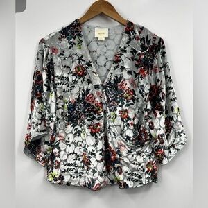 Maeve- Anthropolgie  Velvety Floral V-Neck Blouse with Red and Navy Accents